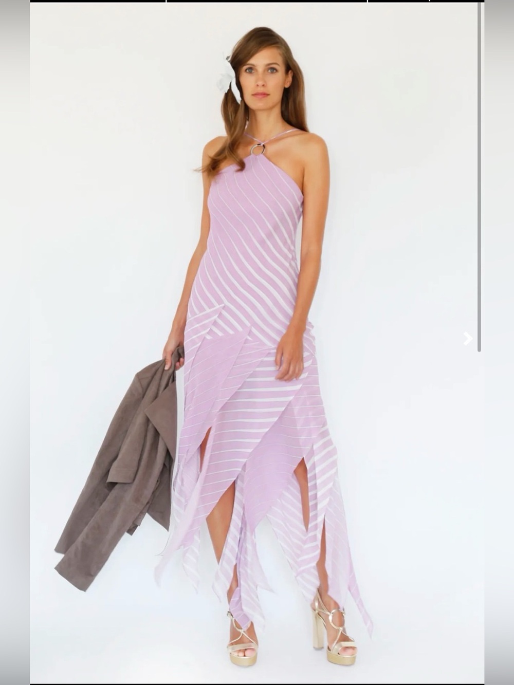 Halston Heritage Handkerchief Hem Dress Womens 14 Lilac NWT Silk Striped Halter